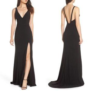 NWOT Ieena Mac Duggal Plunge Neck Slit Jersey Gown Black Size 4